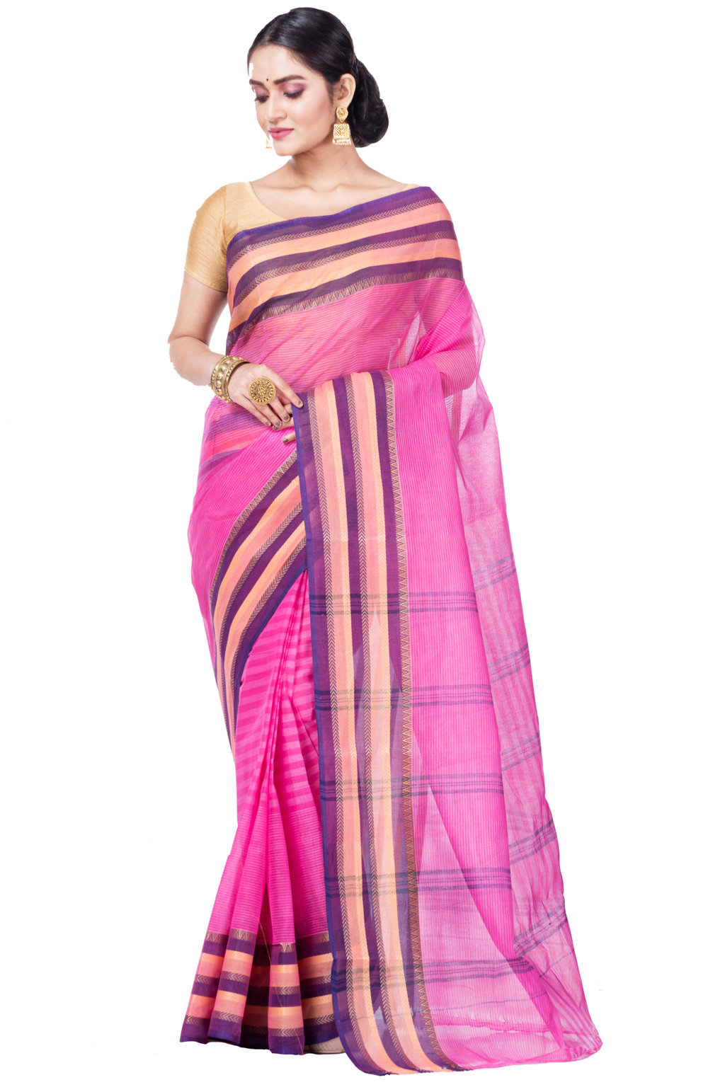 Pink Pure Cotton Khajur_Churi_Strip Tant Saree (658)